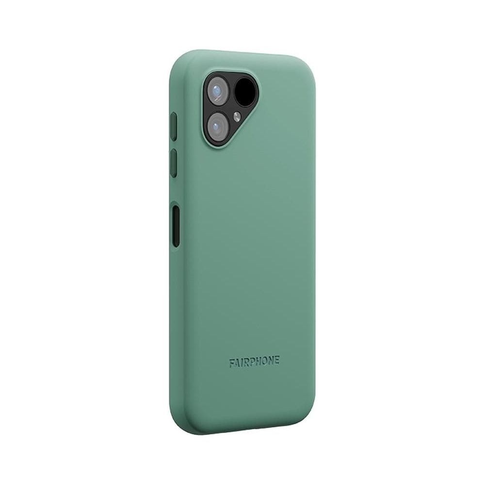Une coque de téléphone verte avec découpe caméra et logo.