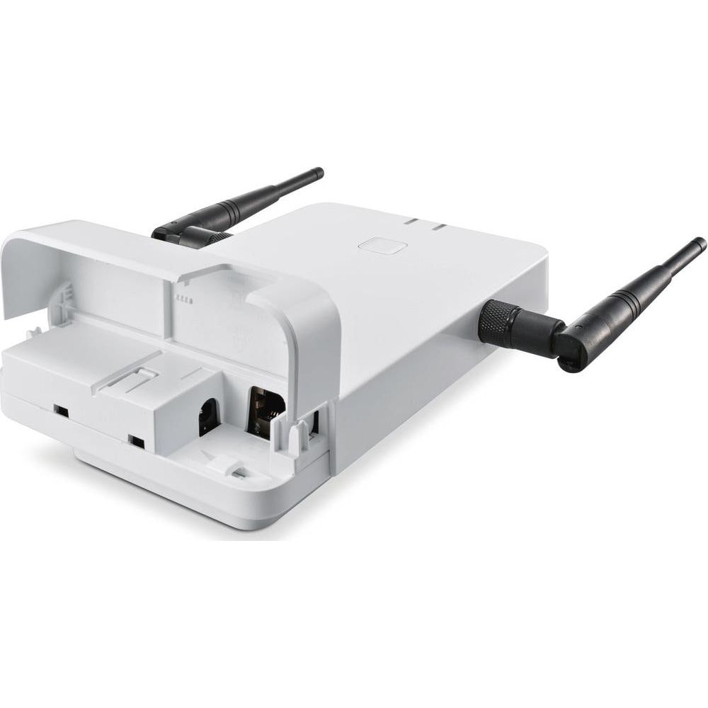 Un dispositivo Wi-Fi bianco con due antenne nere, su sfondo bianco.