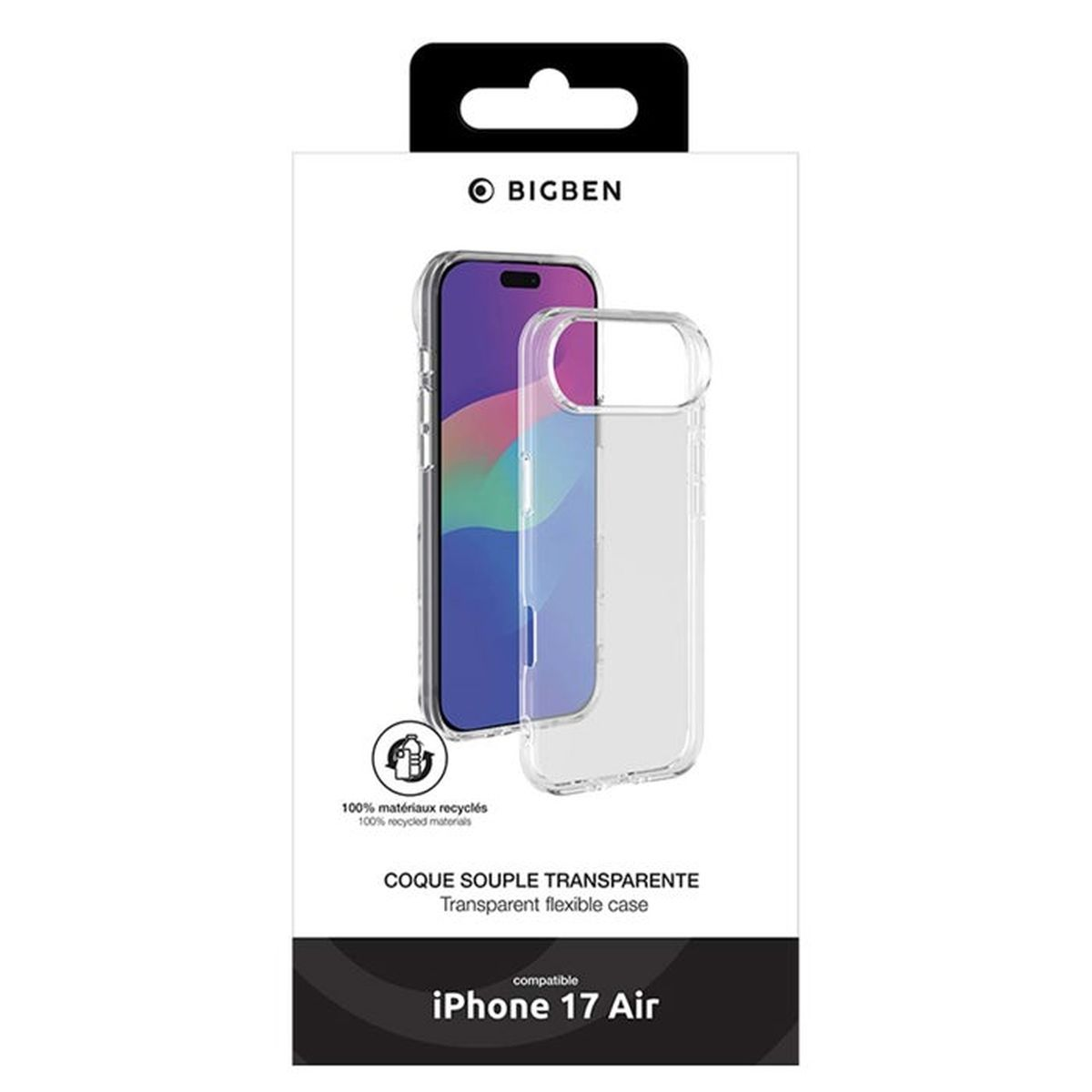 Confezione di una custodia flessibile trasparente per iPhone 17 Air.