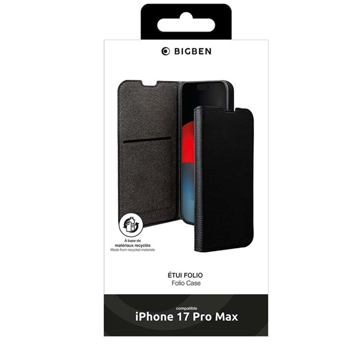 Custodia folio nera per iPhone 17 Pro Max in materiali riciclati.