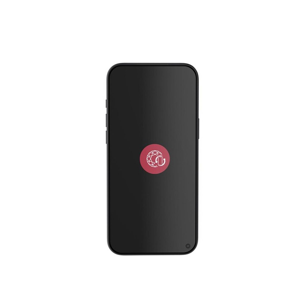 Teléfono inteligente negro con logo circular rojo en el centro.