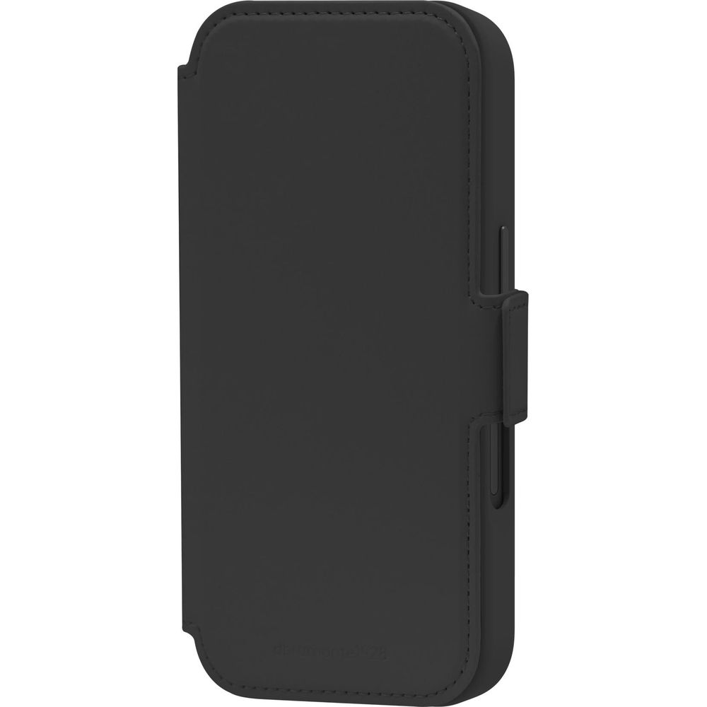 Étui de téléphone en cuir noir, présenté verticalement sur fond blanc.