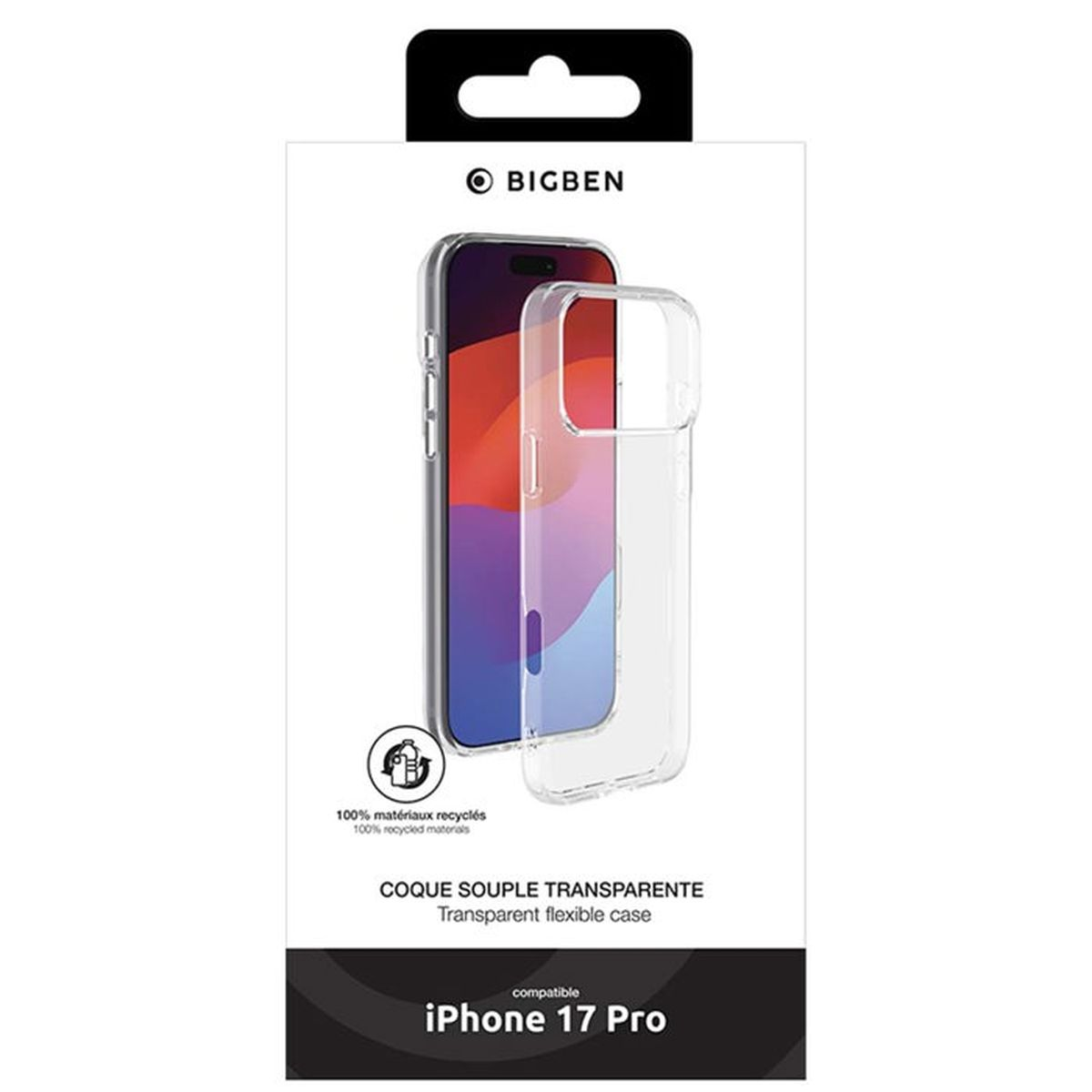 Custodia flessibile trasparente BIGBEN per iPhone 17 Pro, materiali riciclati.