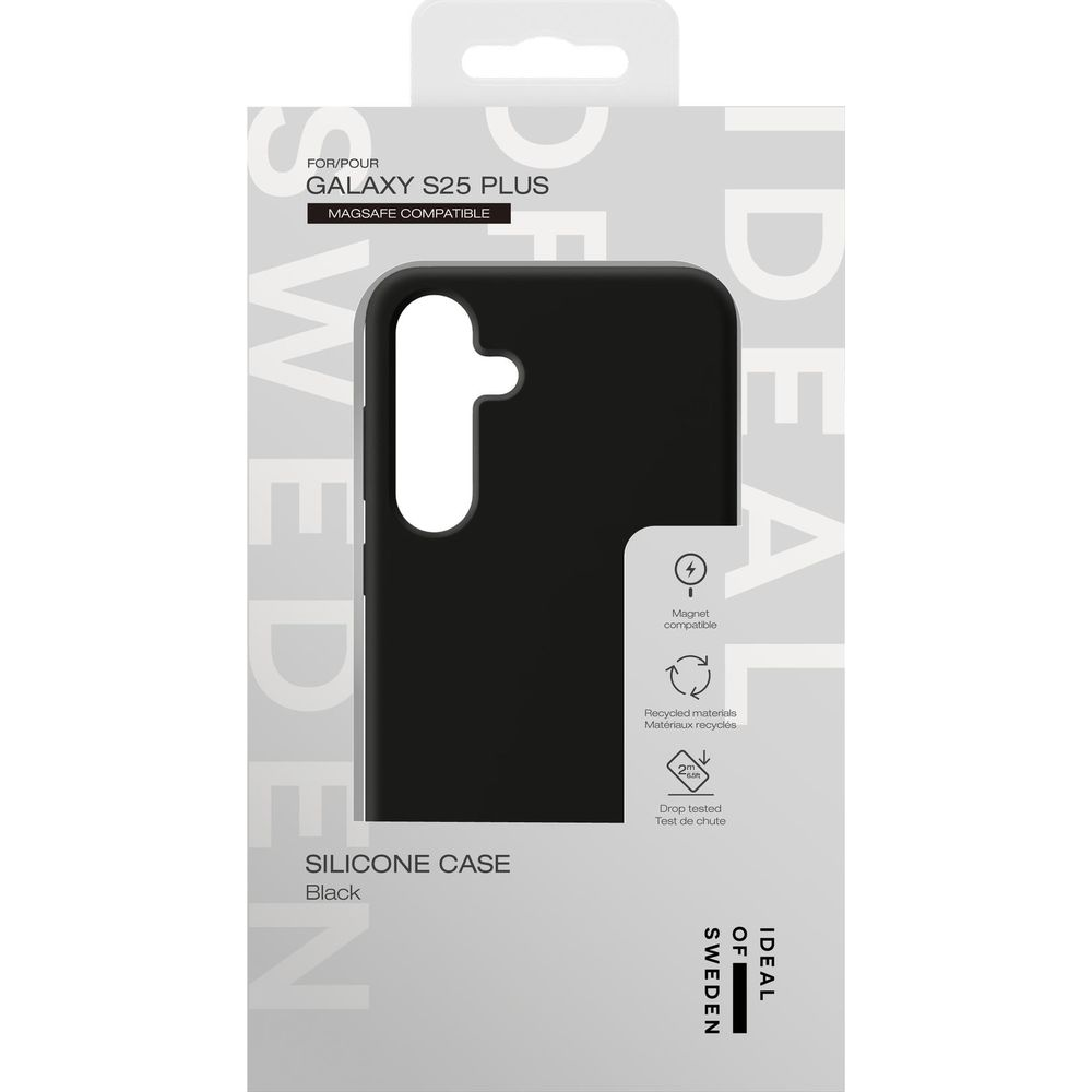 Schwarze Silikonhülle für Galaxy S25 Plus, MagSafe-kompatibel.