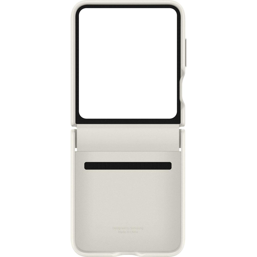 Une coque de téléphone blanche s'ouvrant vers le haut, avec un bord noir.