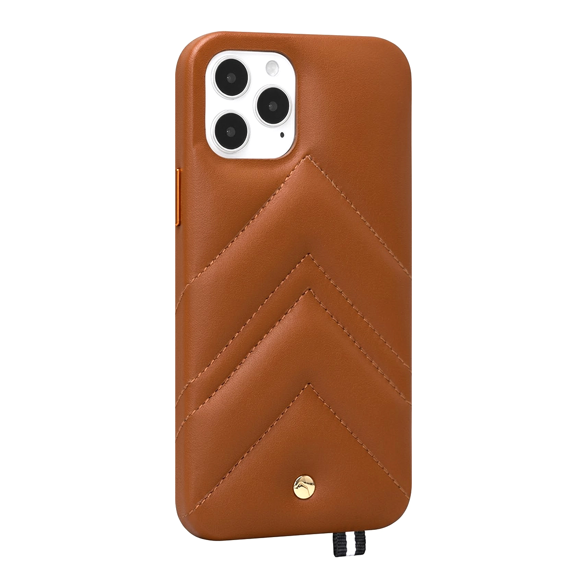 Custodia in pelle marrone con cuciture a chevron e borchia dorata.