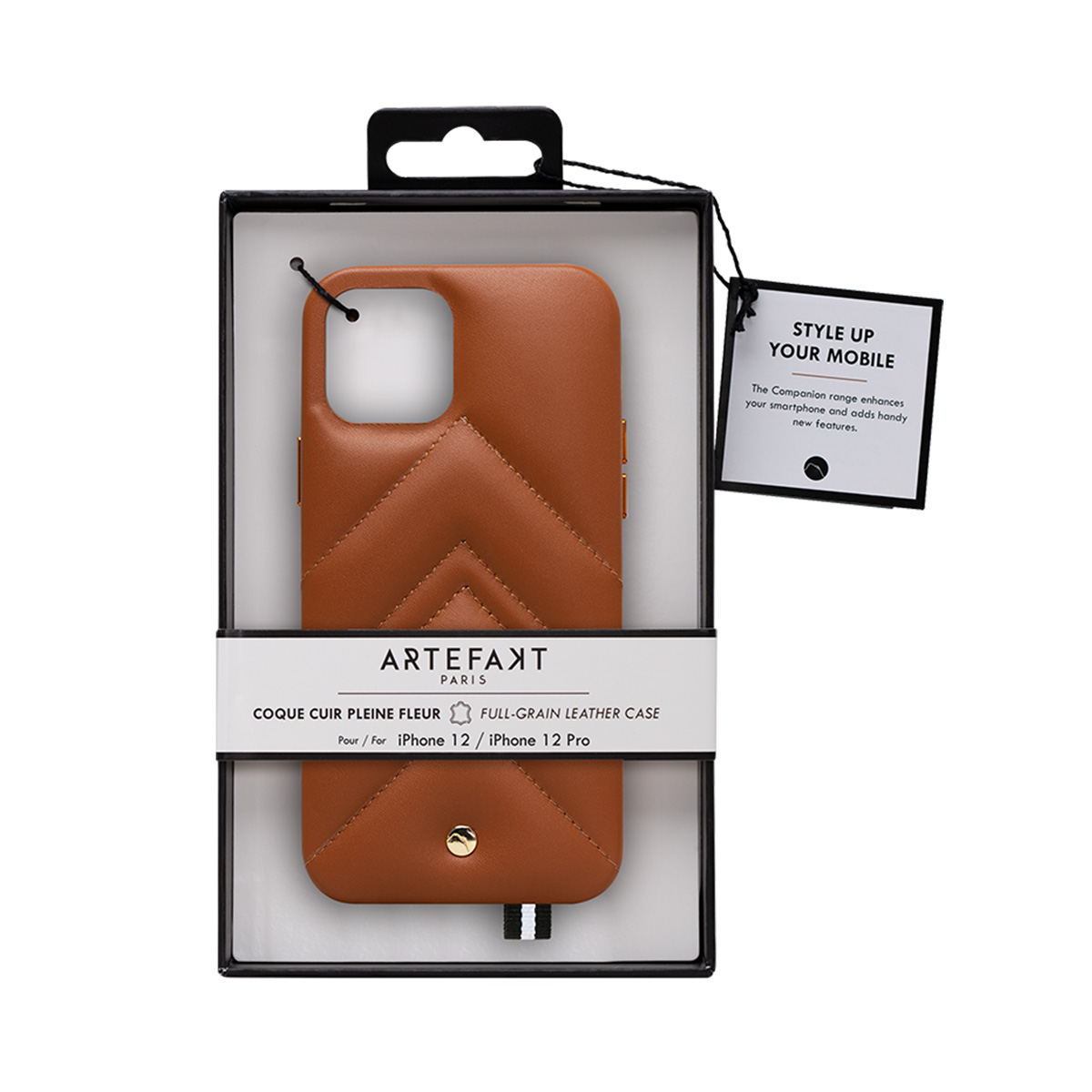 Custodia in pelle marrone per iPhone 12/12 Pro in confezione.