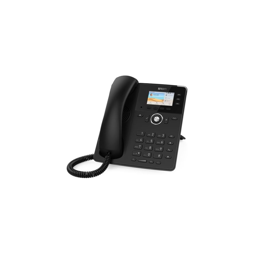 Ein schwarzes Tischtelefon mit einem Hörer, Tastatur und einem kleinen Bildschirm.