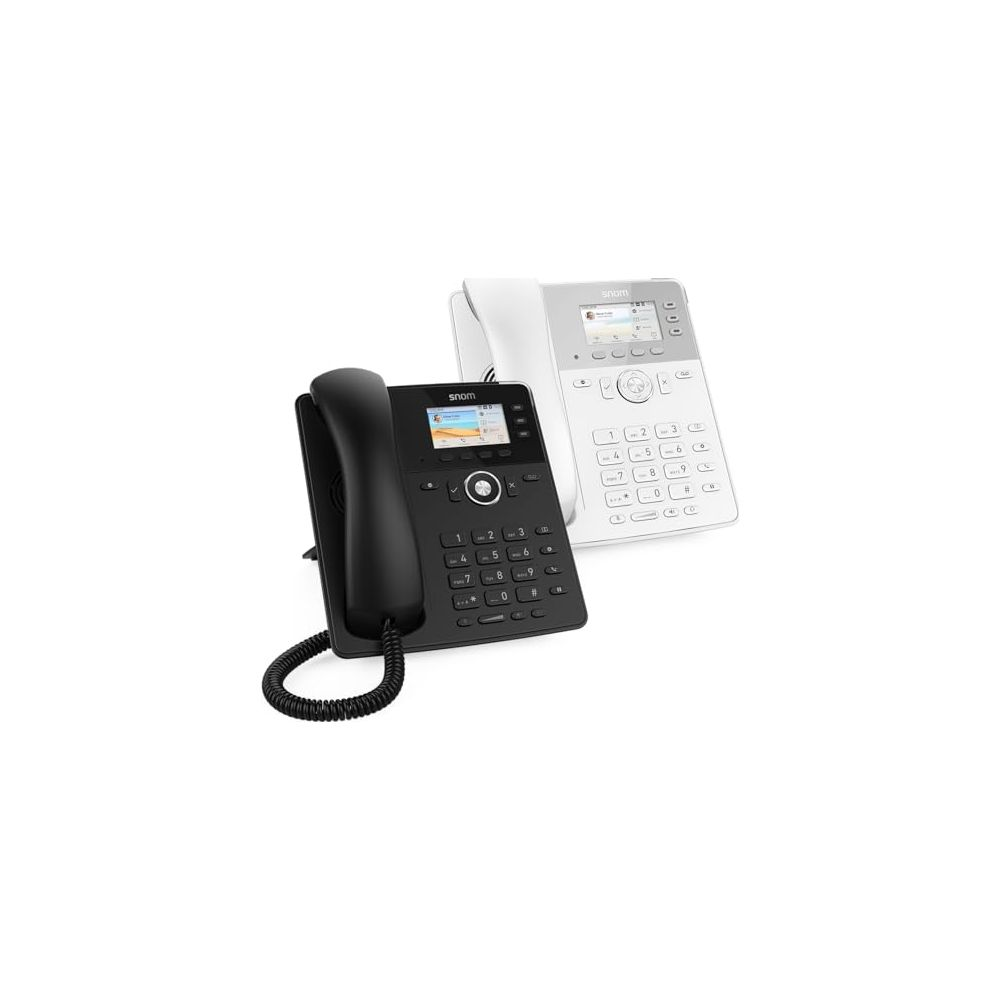 Zwei Snom-Telefone, schwarz und weiß, mit Tastatur und Bildschirm.