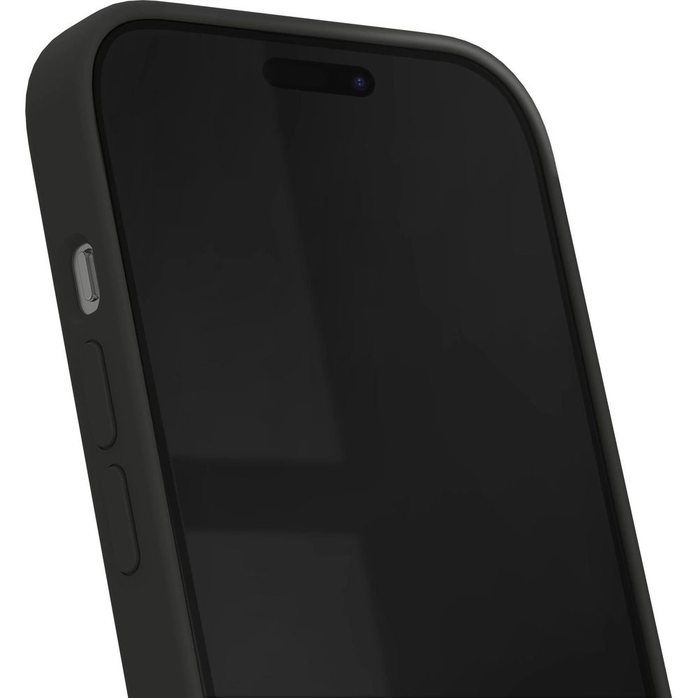 Dunkles Smartphone mit Notch und Hülle im Detail, Nahaufnahme.