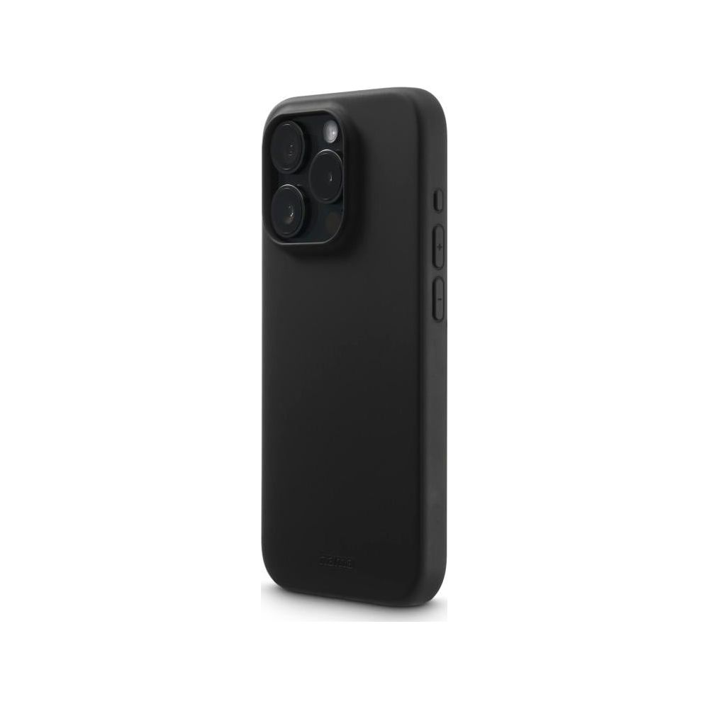Una custodia nera per telefono con ritaglio fotocamera e pulsanti laterali è mostrata su sfondo bianco.