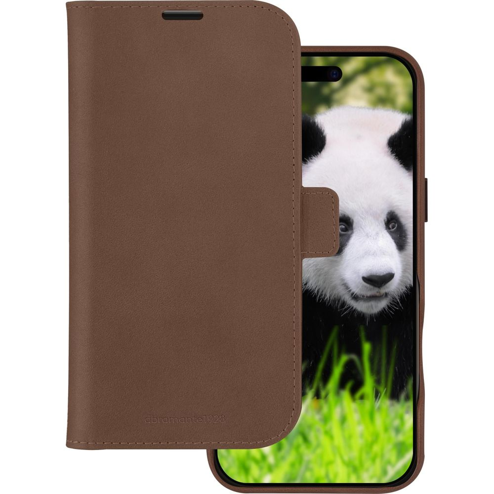 Custodia marrone per telefono con sfondo panda e erba verde.