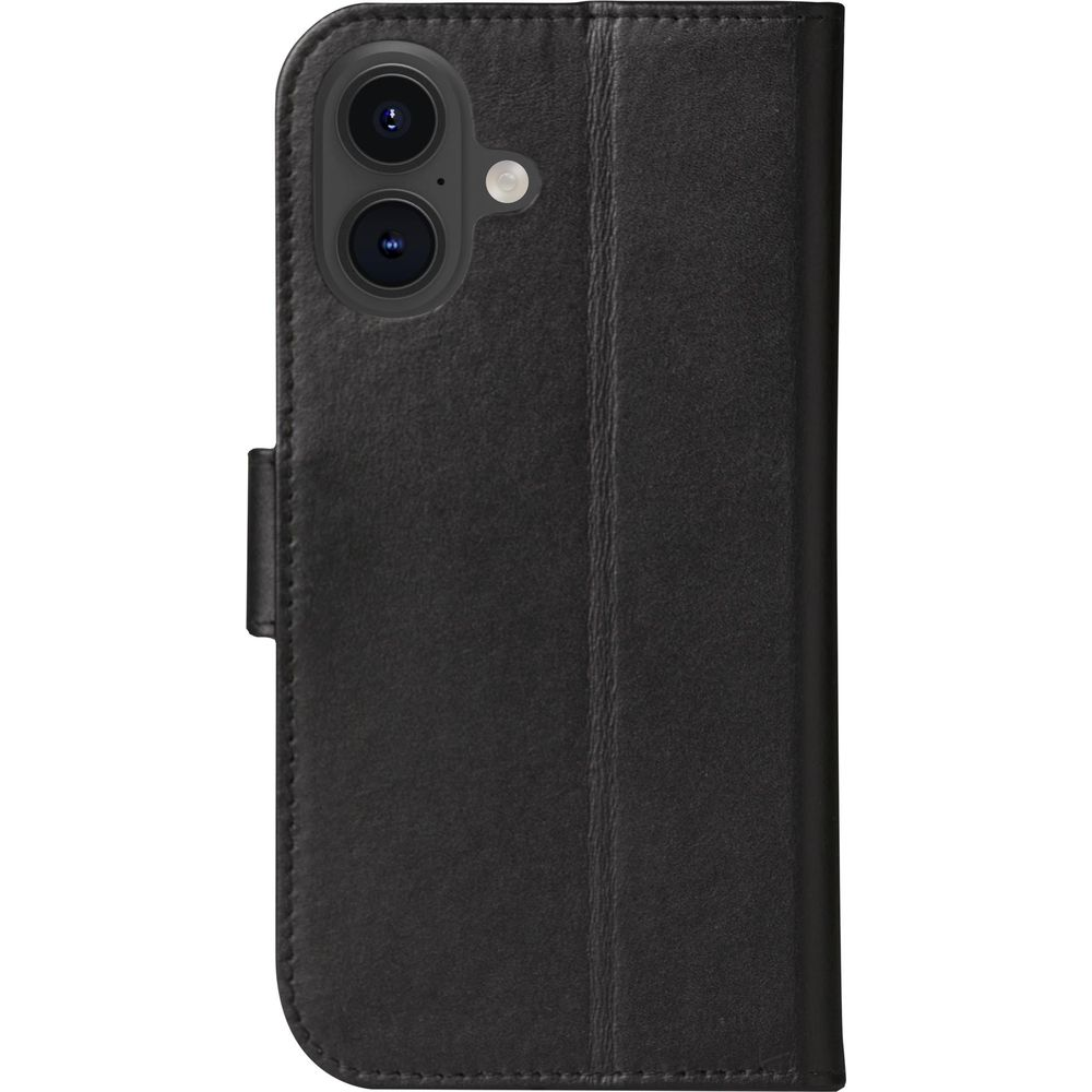 Custodia a libro in pelle nera per smartphone, con ritaglio fotocamera.