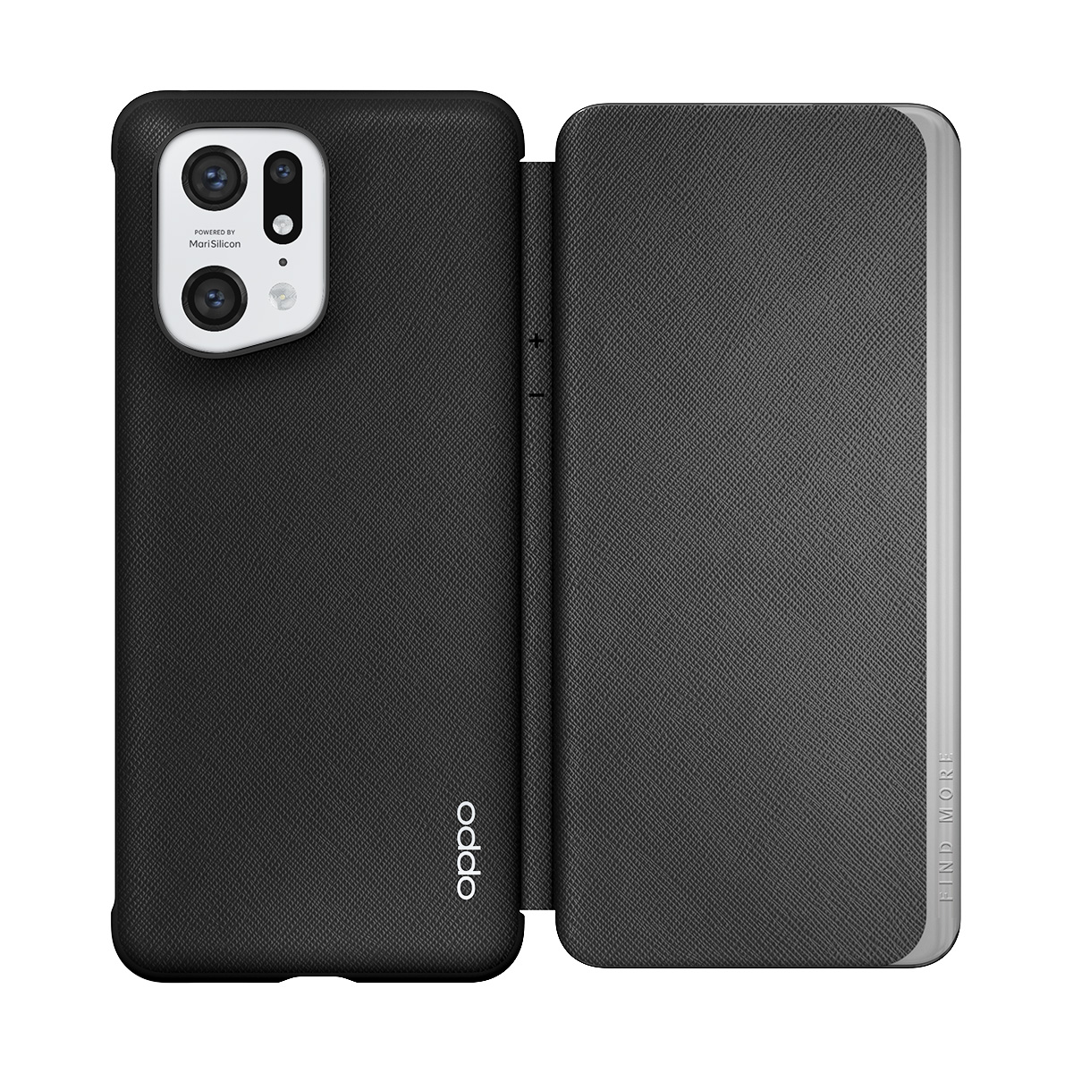 Custodia nera per telefono a libro con ritaglio fotocamera e logo OPPO.