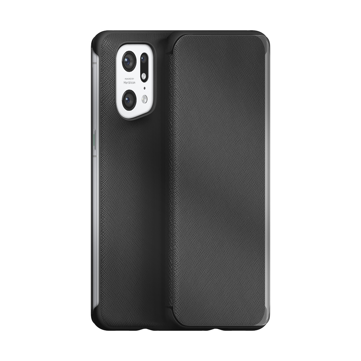 Smartphone nero con obiettivo quad camera e retro testurizzato.