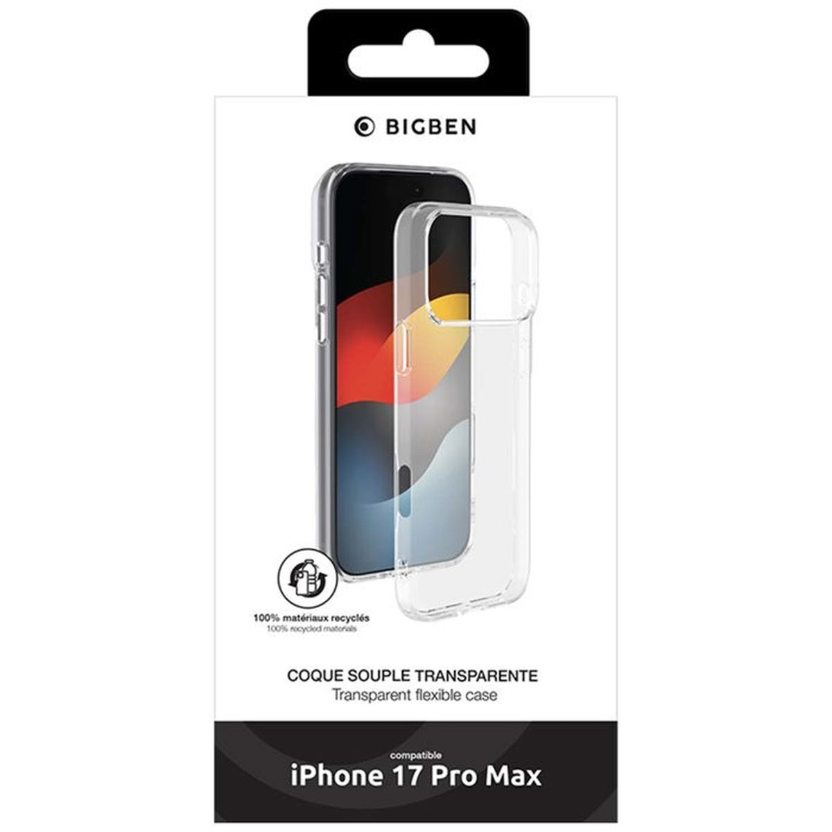 Custodia flessibile trasparente BIGBEN per iPhone 17 Pro Max, materiali riciclati.