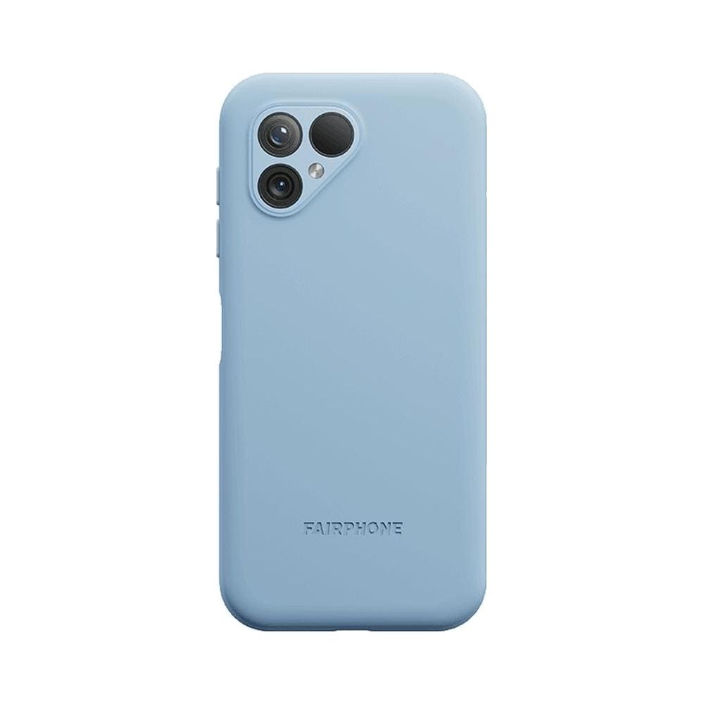 Custodia blu chiaro per telefono con tre obiettivi e logo Fairphone.