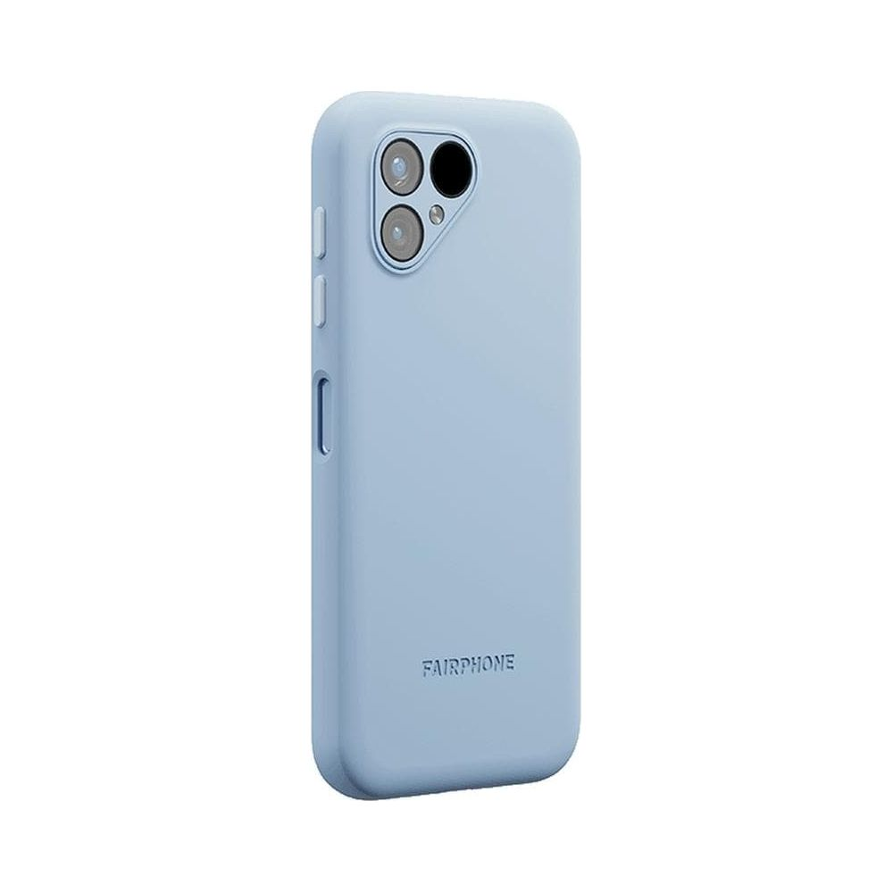 Custodia azzurra con due obiettivi e logo Fairphone.