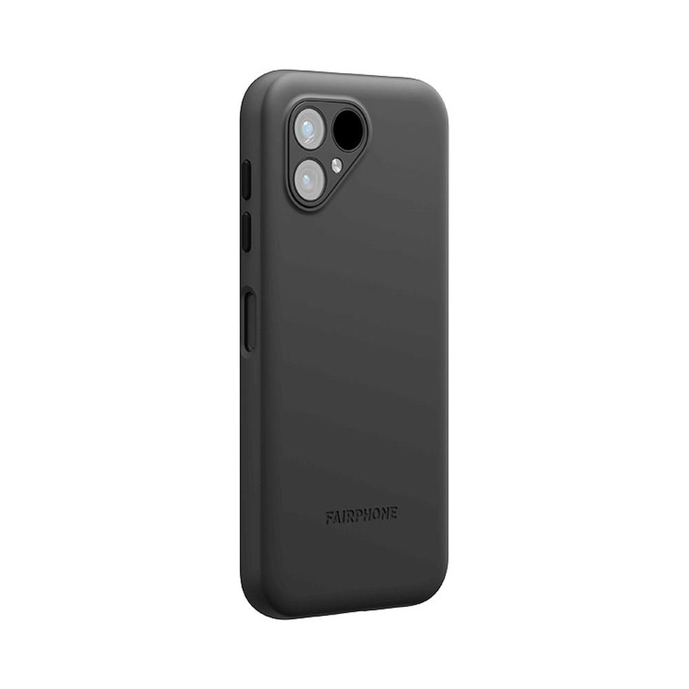 Custodia nera per telefono con ritaglio fotocamera e logo Fairphone.