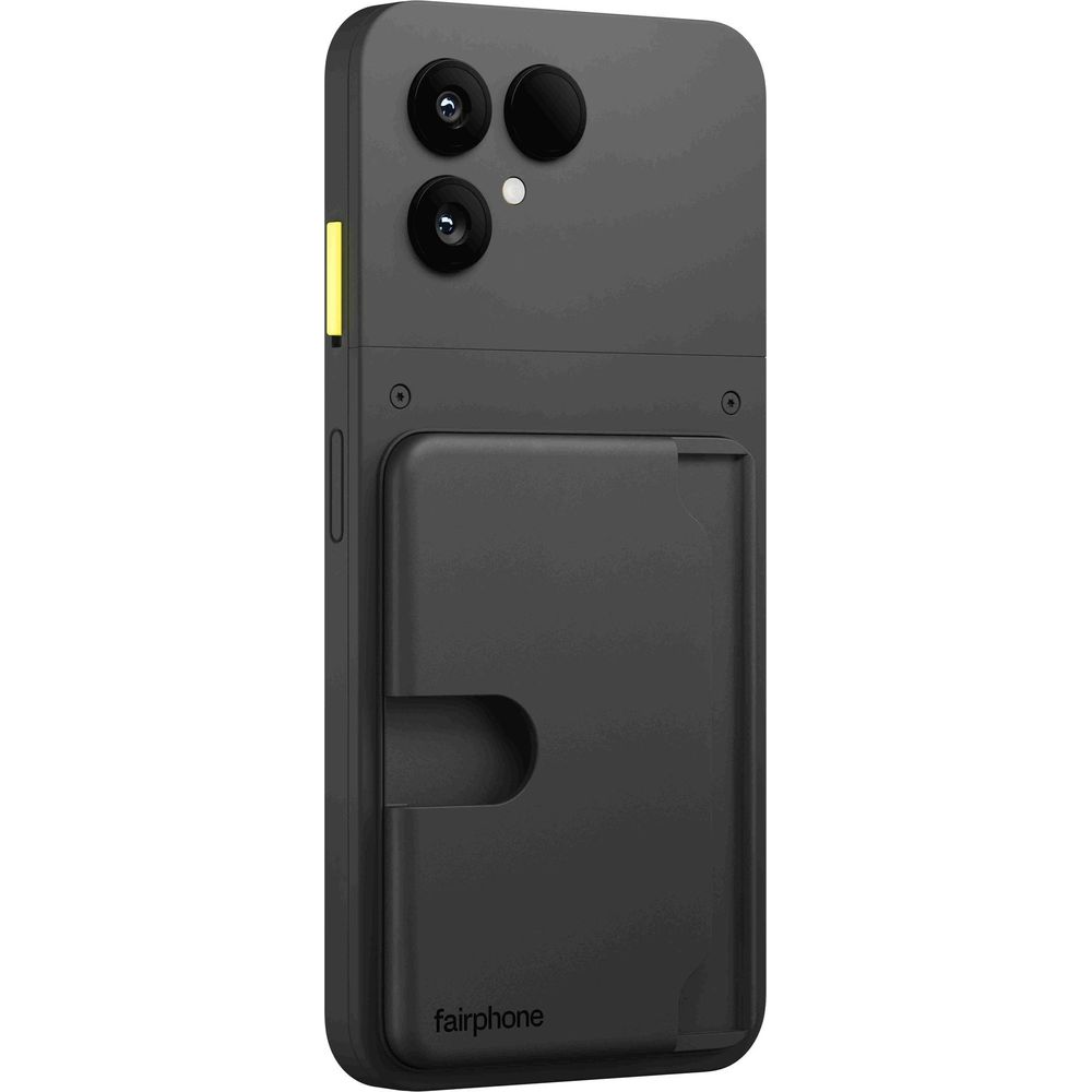 Custodia Fairphone nera con slot per carte e doppia fotocamera.
