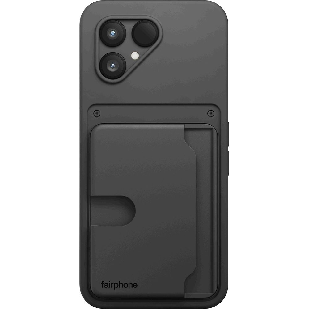 Custodia Fairphone nera con porta carte e tre lenti.