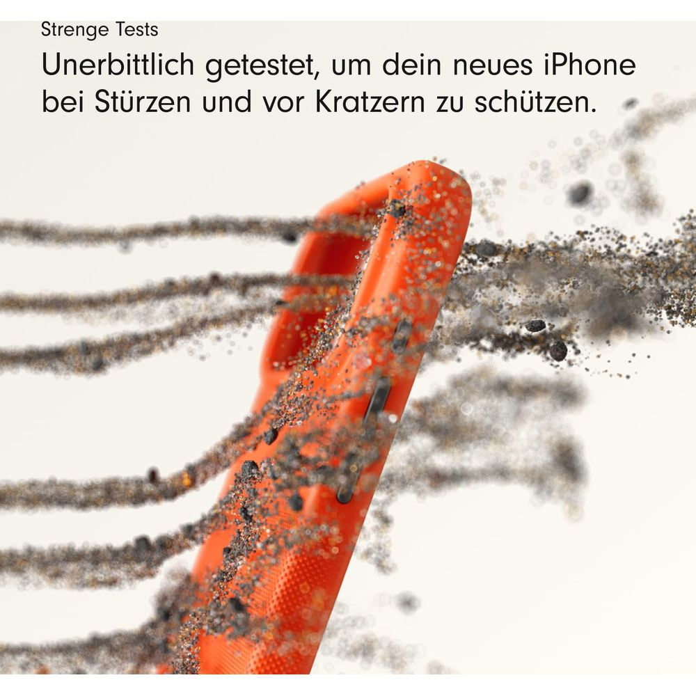 Pomarańczowe etui na iPhone otoczone cząsteczkami kurzu.