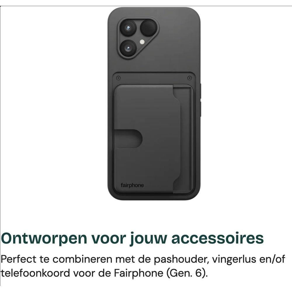 Coque Fairphone noire avec porte-cartes et trois objectifs.