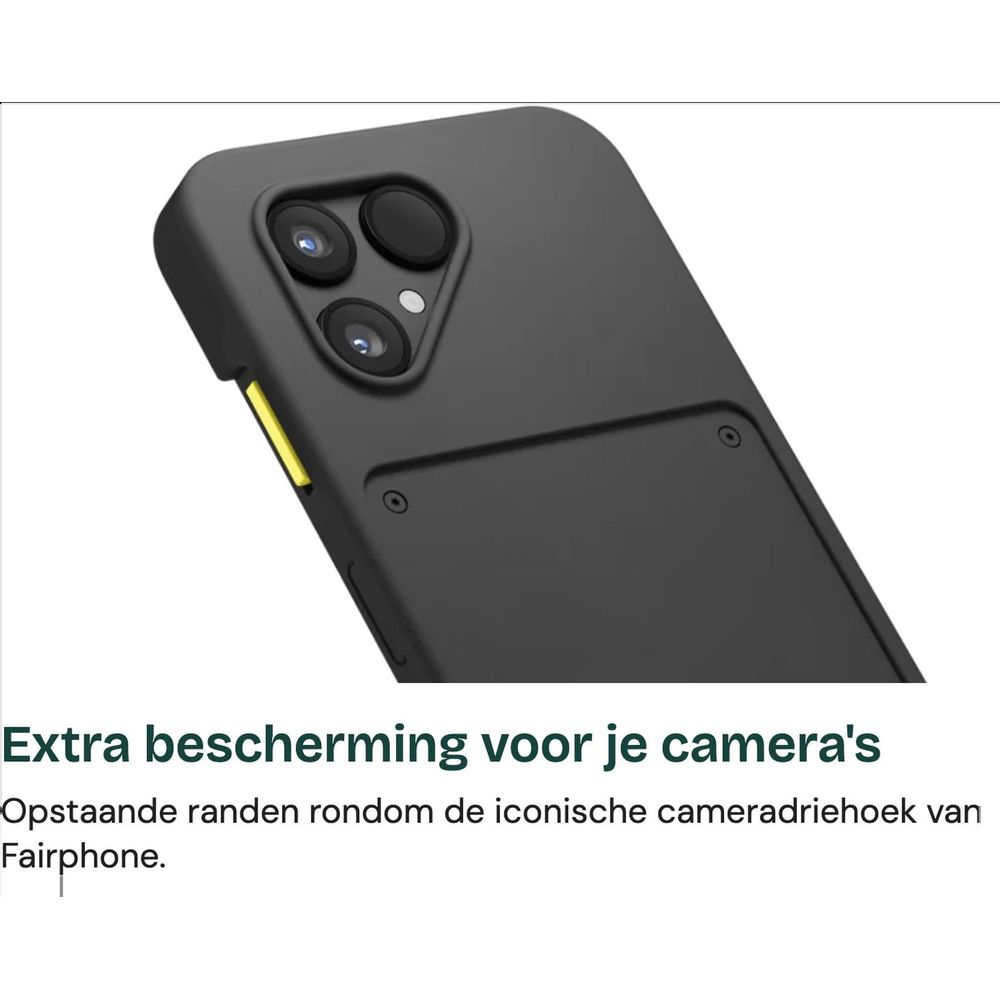 Coque noire Fairphone avec bords surélevés autour du module caméra.