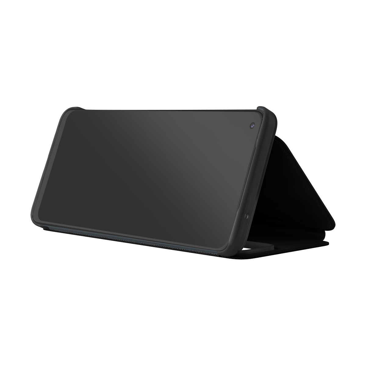 Uno smartphone nero in una custodia nera, in piedi.
