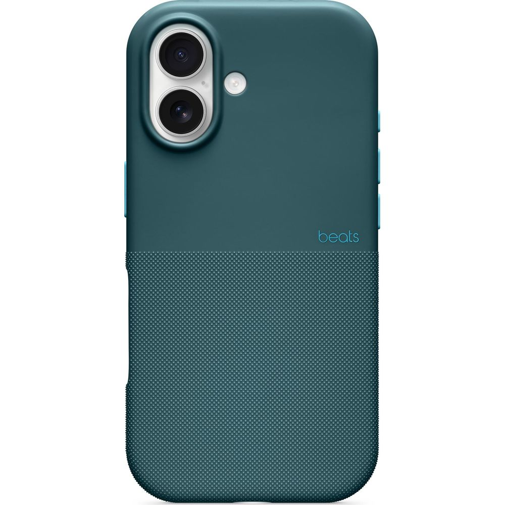 Etui na telefon w kolorze morskim z aparatami, logo Beats i teksturowaną dolną częścią.