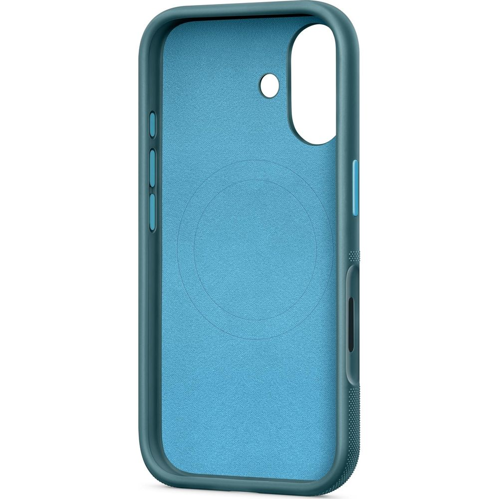 Niebieskie etui na telefon z wycięciem na aparat i kółkiem ładowania.