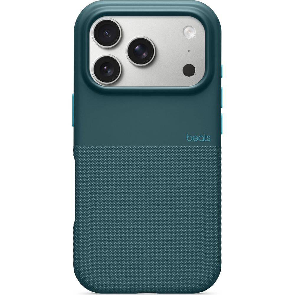 Ciemnozielone etui na telefon z potrójnym aparatem i logo "beats".