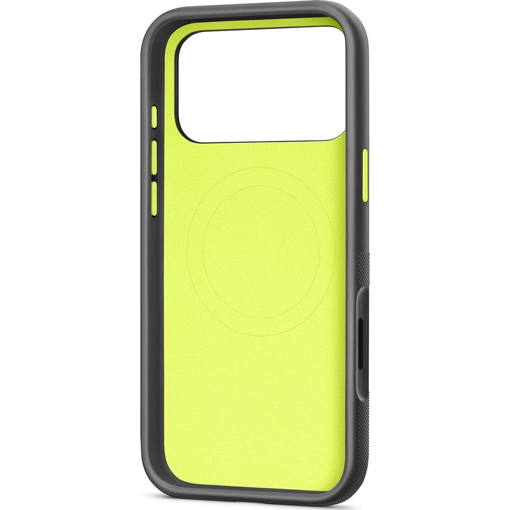 Funda negra para teléfono con forro interior amarillo brillante y patrón circular.
