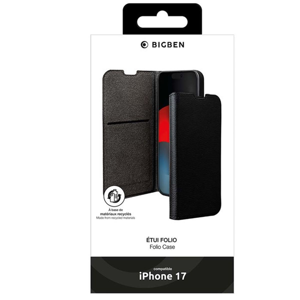 Custodia a libro nera per iPhone 17 in materiali riciclati.