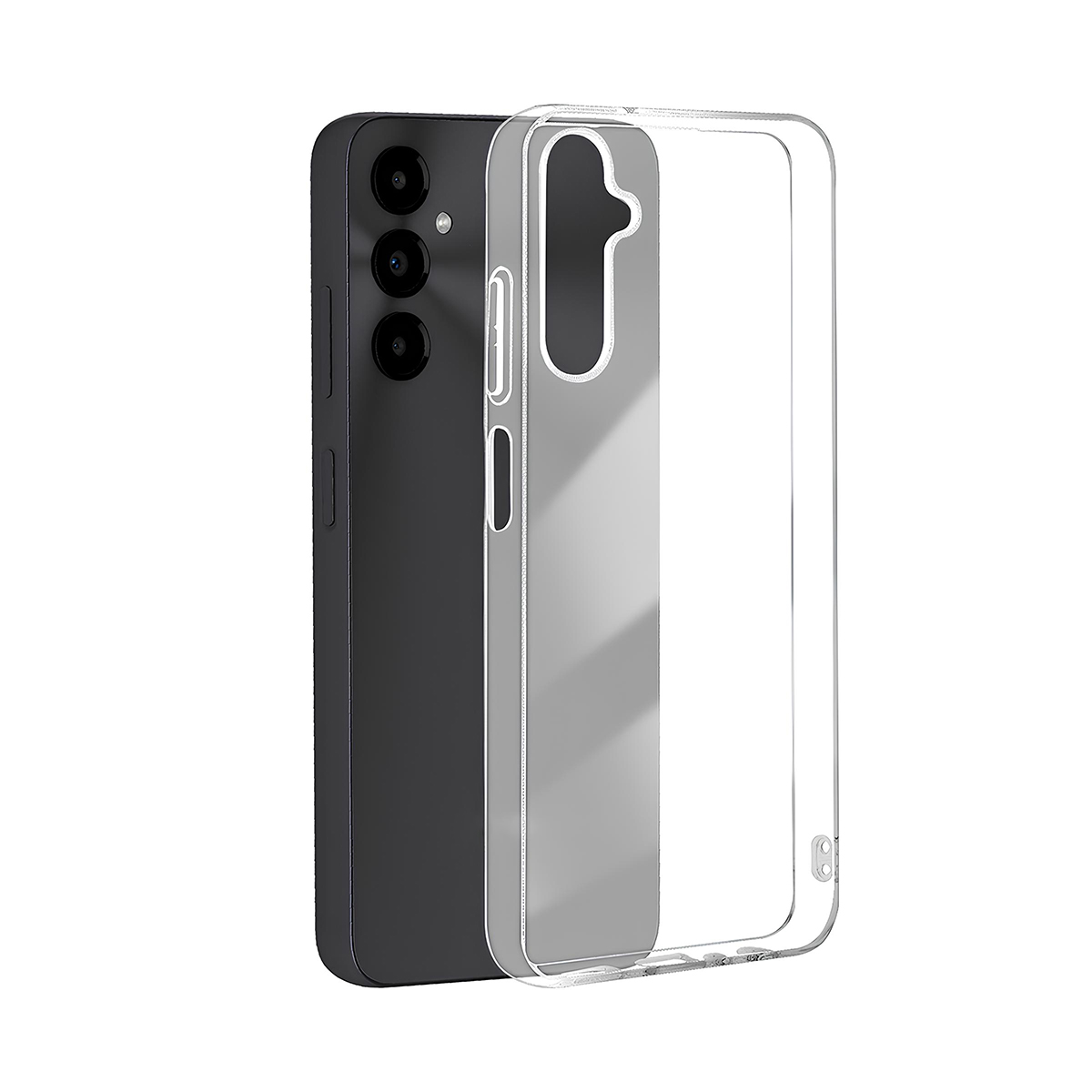 Uno smartphone nero con tre fotocamere accanto a una custodia trasparente.
