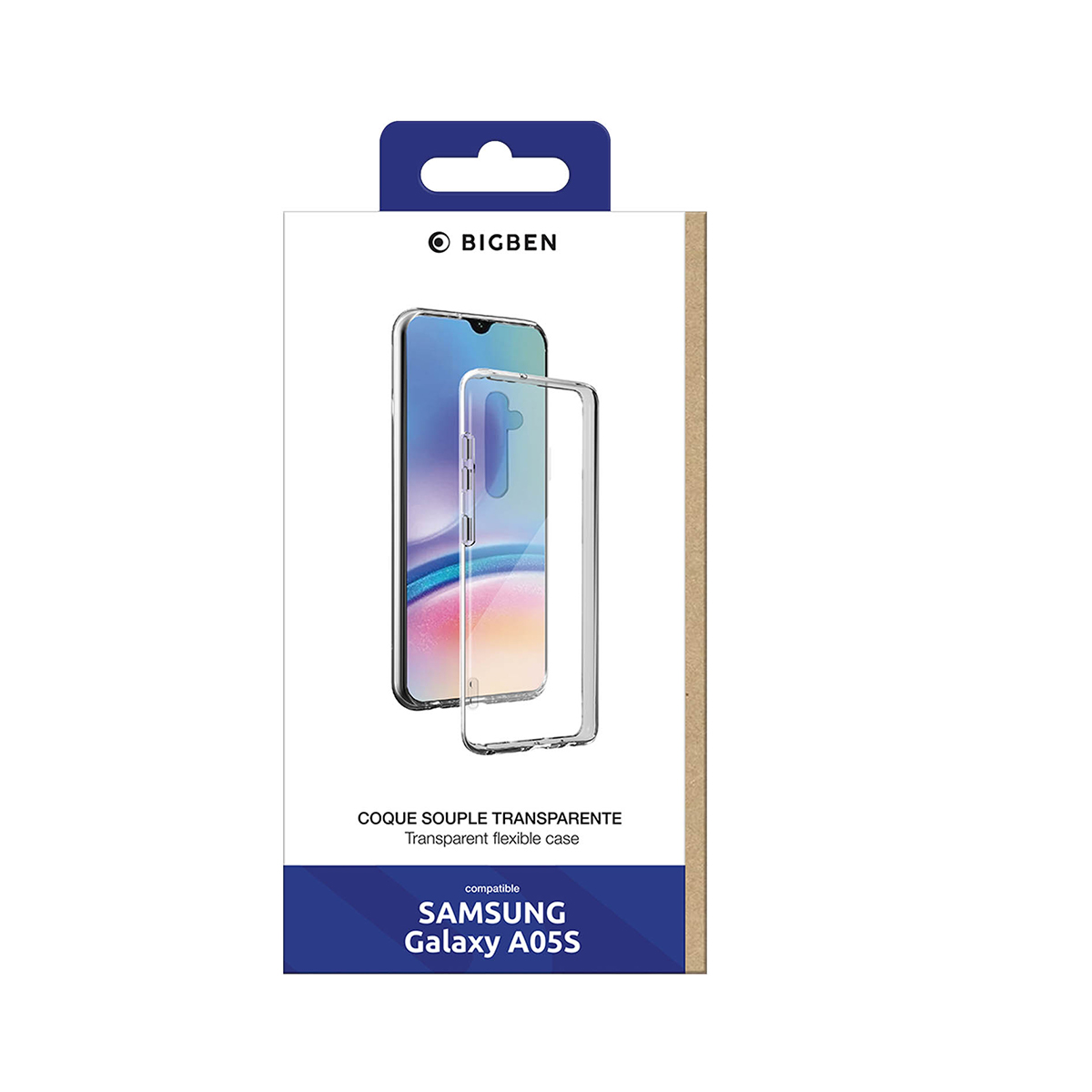Confezione con custodia trasparente per Samsung Galaxy A05s.