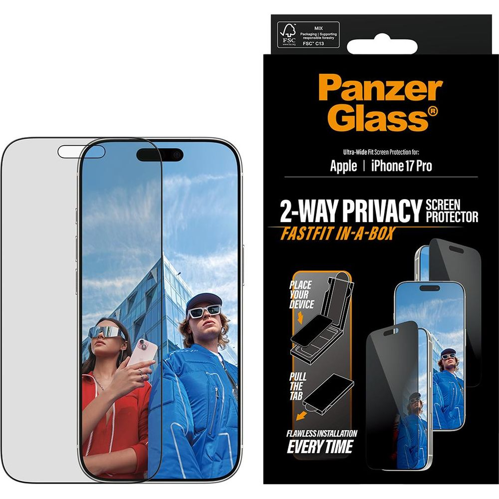 Panzer Glass iPhone 17 Pro ekran koruyucu, kurulum kılavuzu ve iki telefon ile.