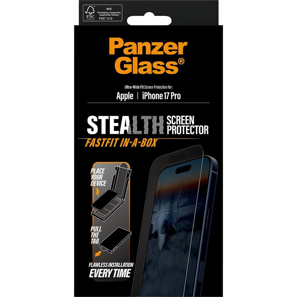 Apple iPhone 17 Pro için Panzer Glass ekran koruyucu, kurulum kılavuzu ile.