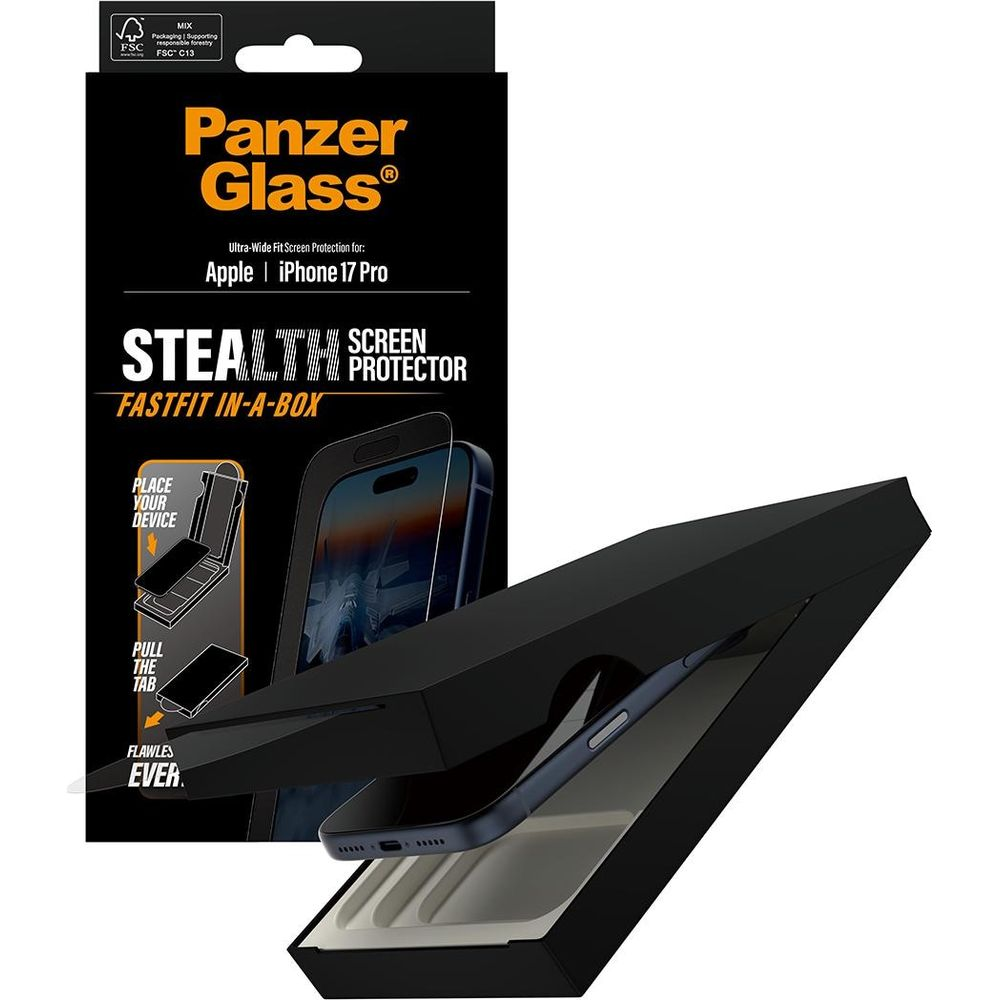 Panzer Glass iPhone 17 Pro ekran koruyucu, talimatlı siyah kutusunda.