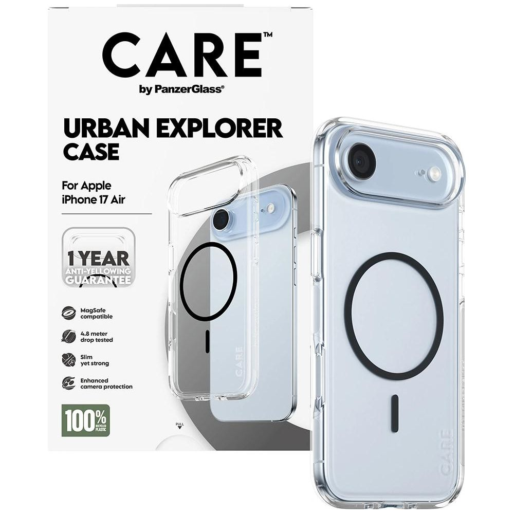 iPhone 17 Air için şeffaf CARE Urban Explorer kılıfı, MagSafe uyumlu.