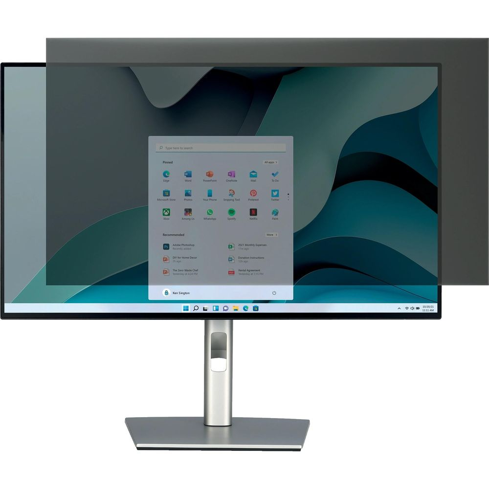 Un monitor con filtro privacy mostra il menu Start di Windows.