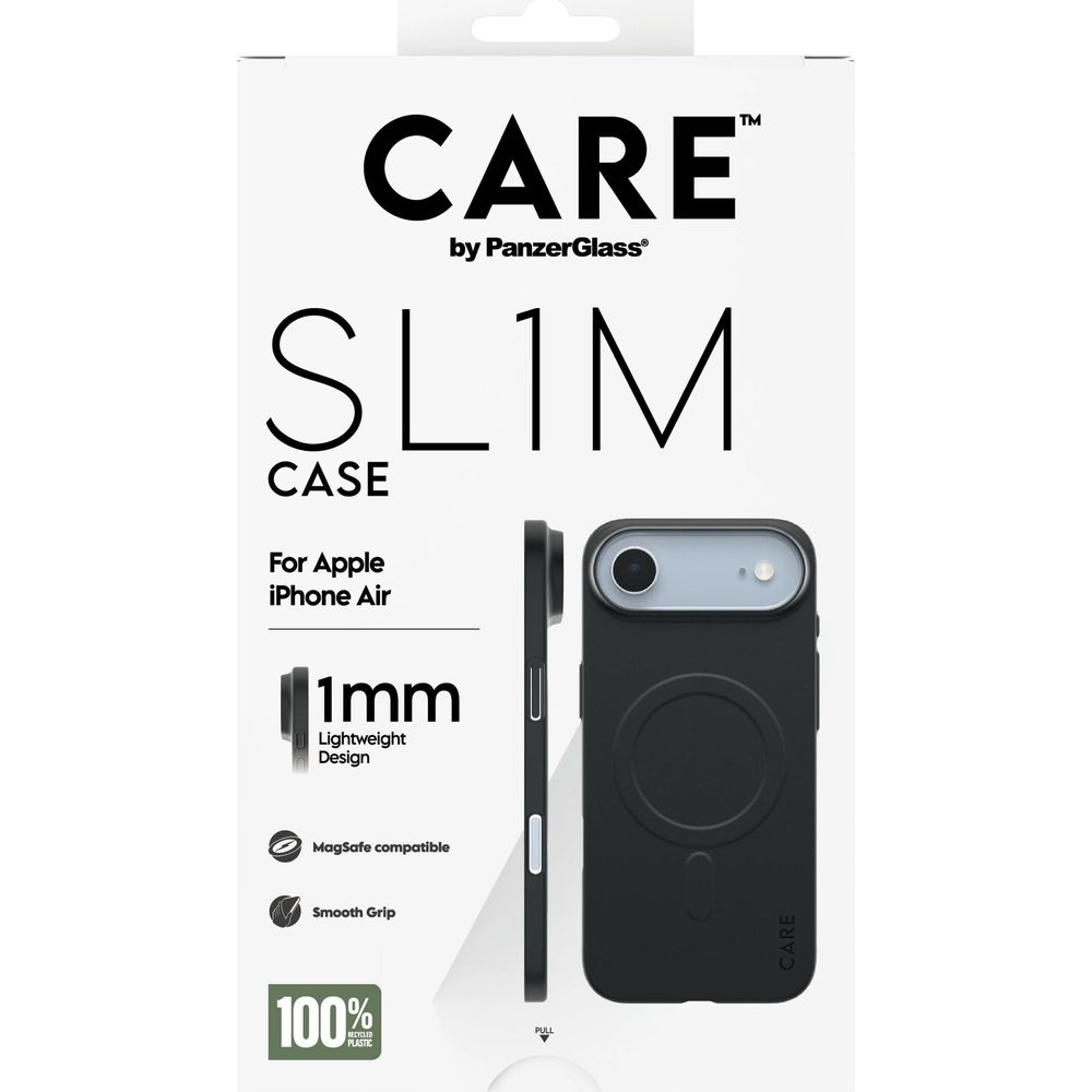 Verpackung für eine schwarze iPhone Air Slim Hülle mit MagSafe.