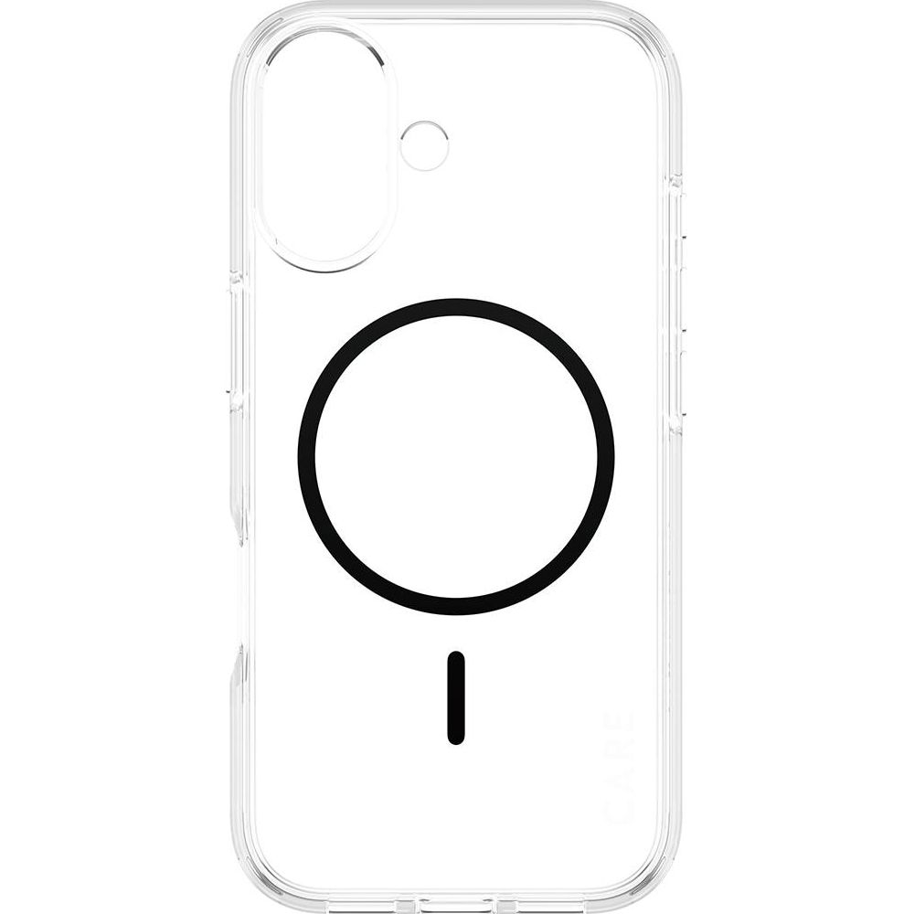 Siyah daire ve çizgi desenli şeffaf telefon kılıfı.