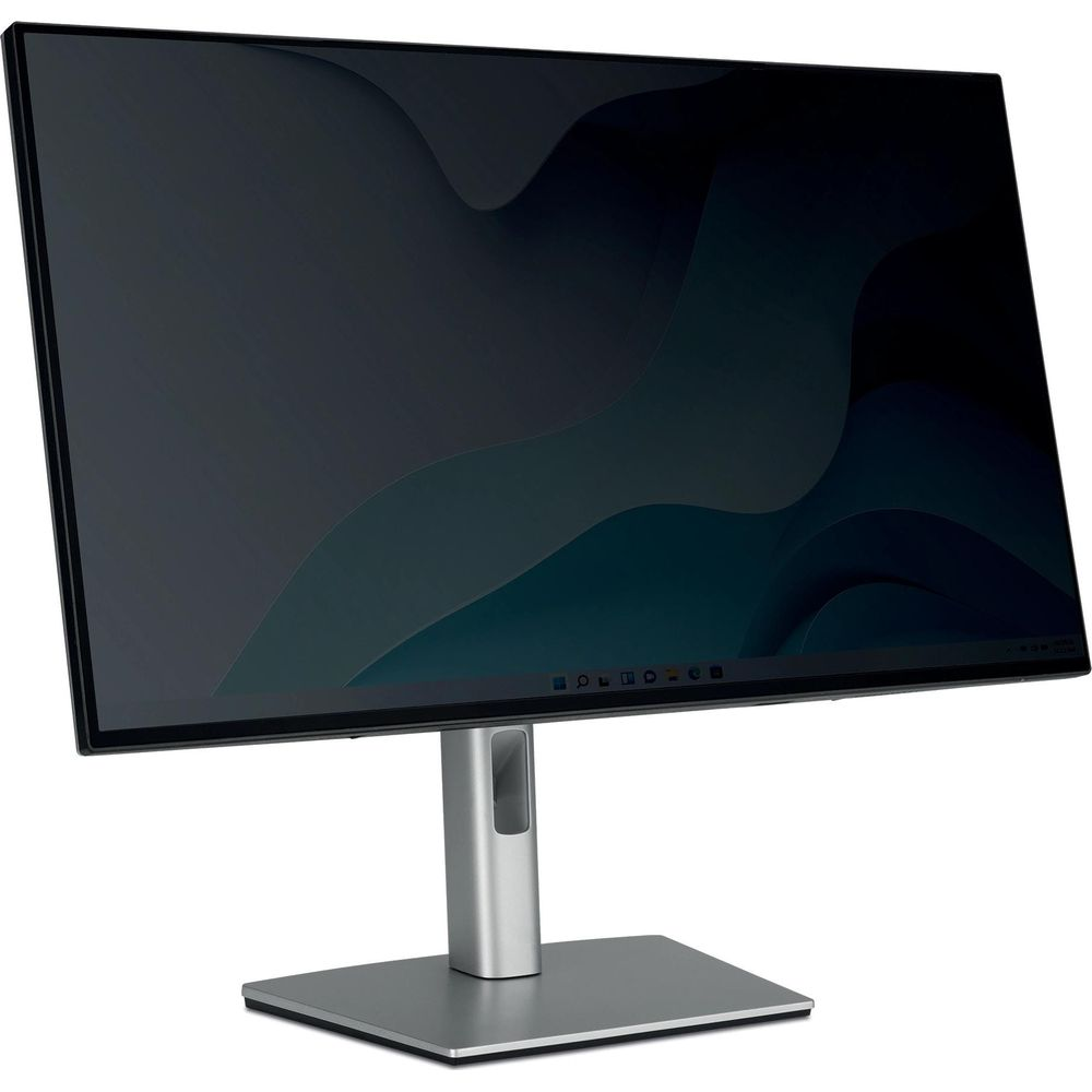 Un monitor per computer elegante e moderno con supporto argentato e sfondo scuro.