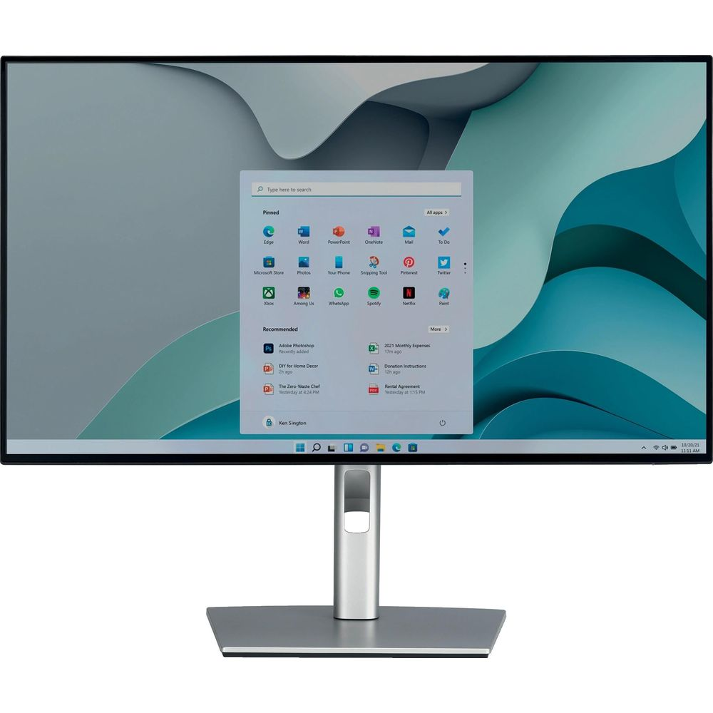 Un monitor di computer visualizza il menu Start di Windows con app bloccate e consigliate.