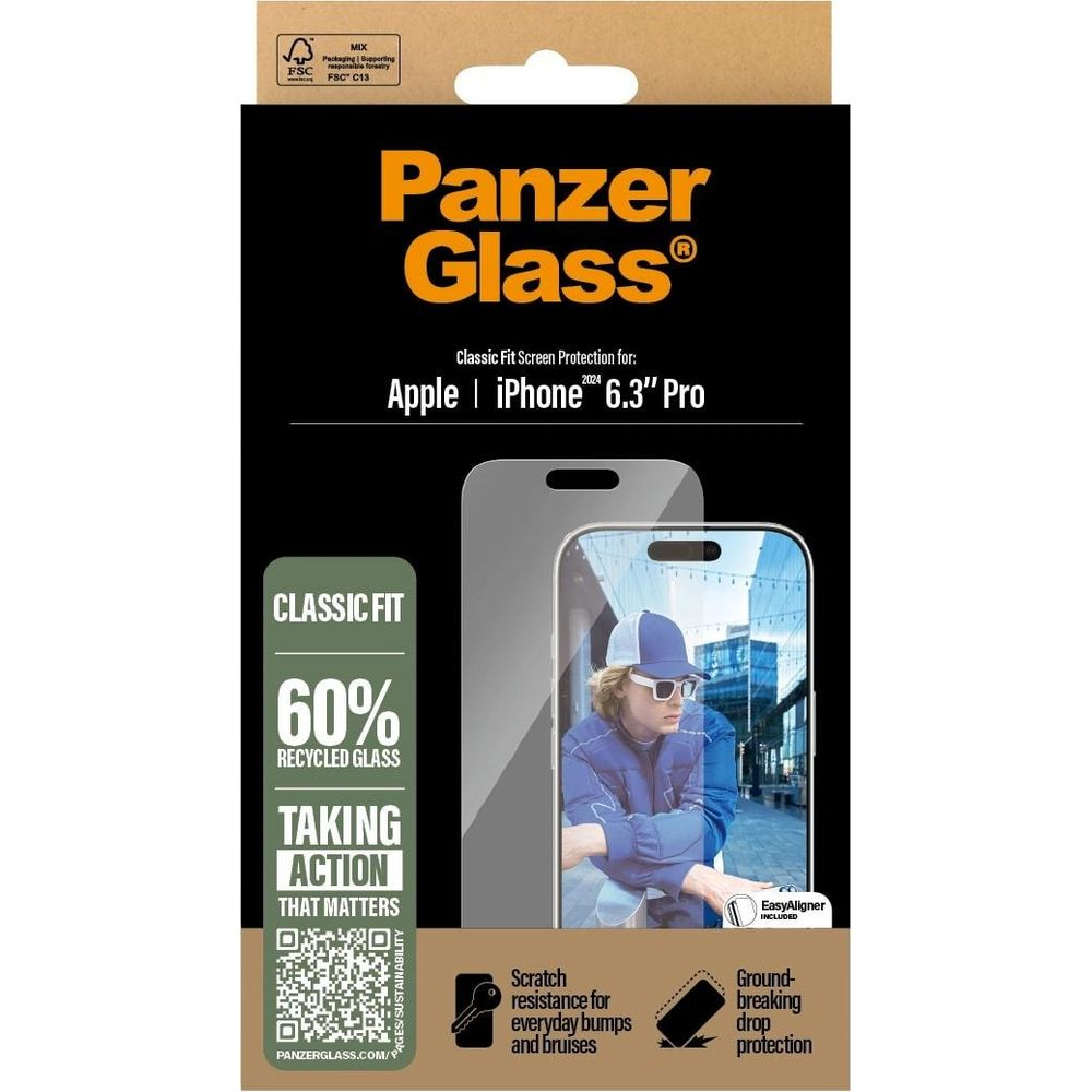 Confezione Panzer Glass per iPhone 6.3" Pro, con 60% di vetro riciclato.