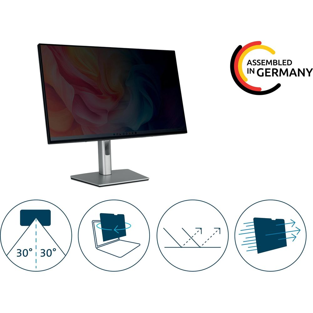 Monitor con filtro privacy, guida installazione, riflesso e vento.