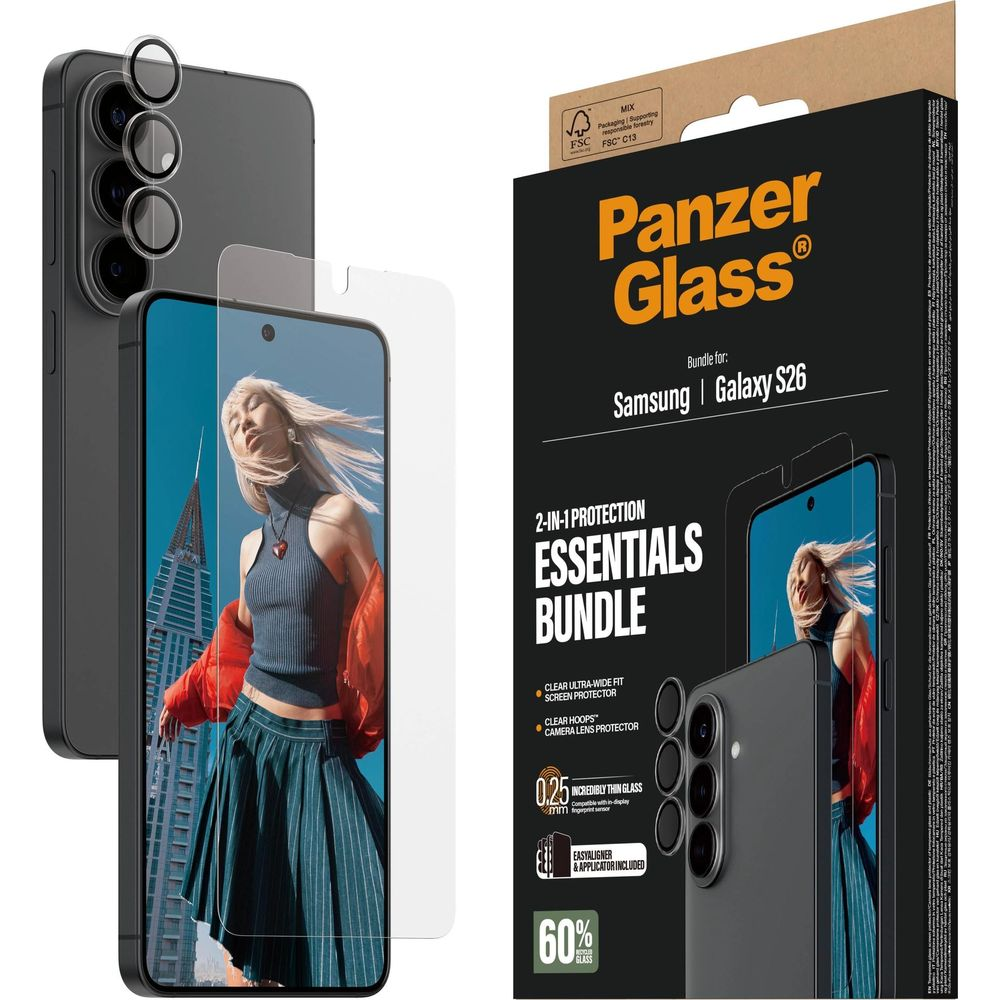 Bundle Essentials Panzer Glass per Samsung Galaxy S26, include proteggi schermo e lente.