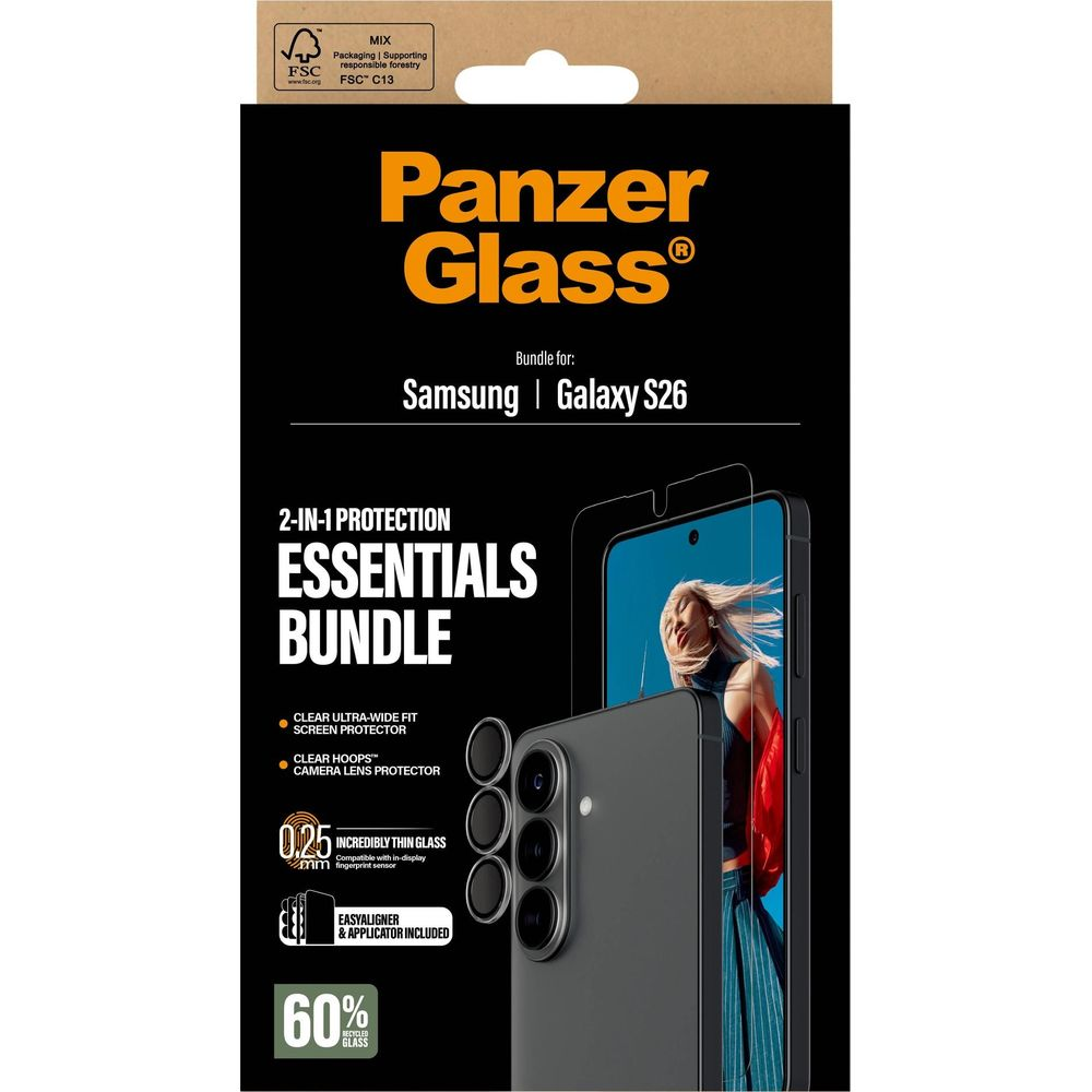Confezione Panzer Glass per Samsung Galaxy S26, bundle protezione 2 in 1.