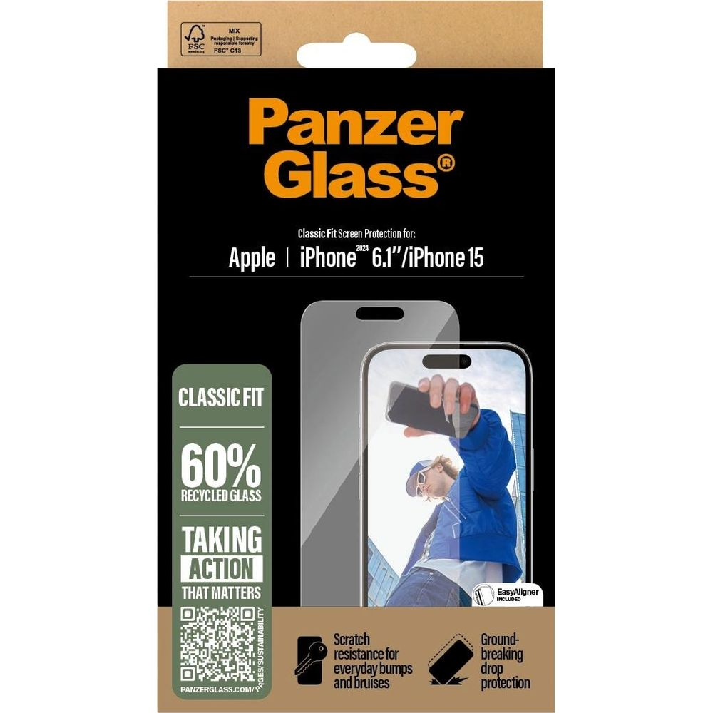 Confezione protettore schermo Panzer Glass per iPhone 15 con info sostenibilità.